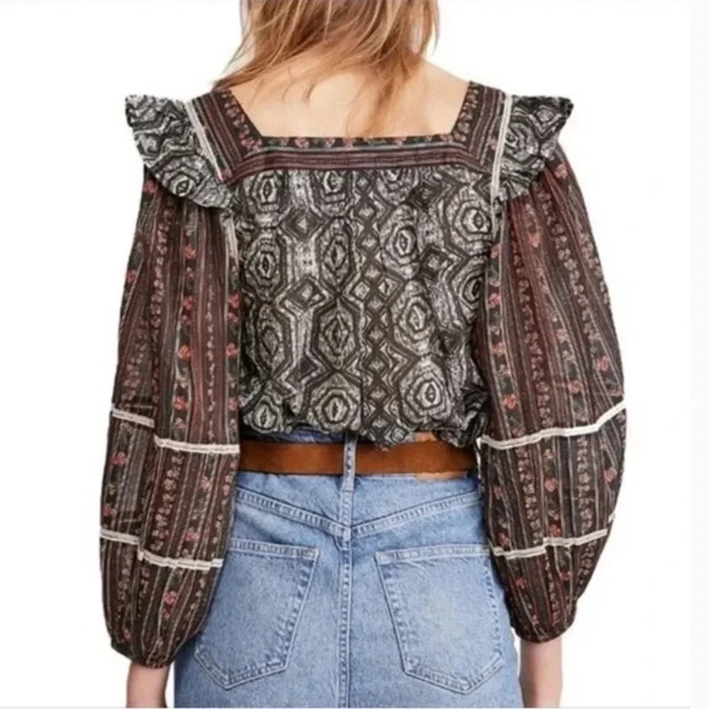 Free People Mostly Meadow Puff Sleeve Ruffle Shoulder Blouse Black